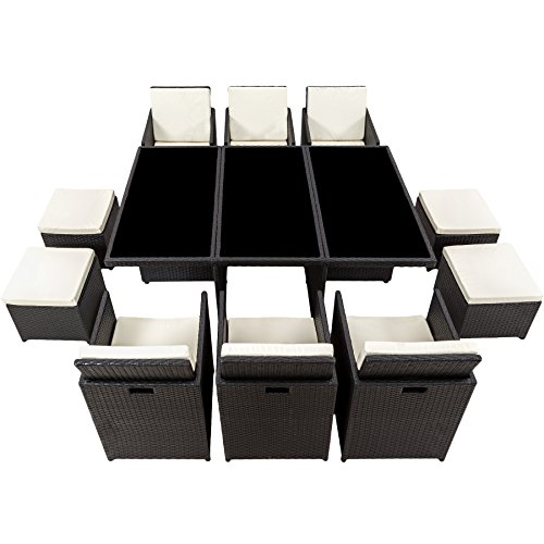 TecTake Poly ratán aluminio sintético muebles de jardín comedor juego 6+4+1 + funda completa + set de fundas intercambiables, tornillos de acero inoxidable - disponible en diferentes colores - (Negro)