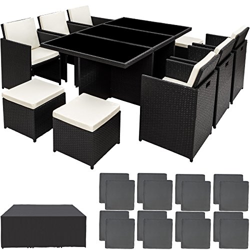 TecTake Poly ratán aluminio sintético muebles de jardín comedor juego 6+4+1 + funda completa + set de fundas intercambiables, tornillos de acero inoxidable - disponible en diferentes colores - (Negro)