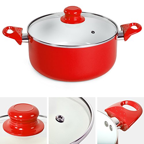 TecTake Set bateria de cocina ollas cerámica 8 piezas con tapas de cristal con sartén - disponible en diferentes colores - (Rojo | No. 401194)