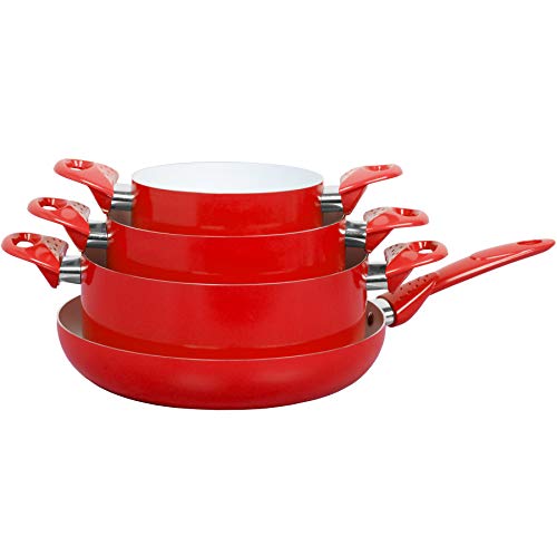 TecTake Set bateria de cocina ollas cerámica 8 piezas con tapas de cristal con sartén - disponible en diferentes colores - (Rojo | No. 401194)