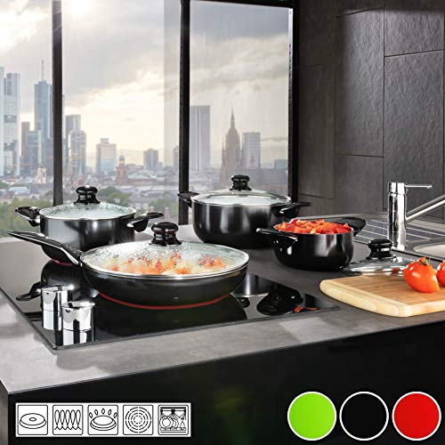 TecTake Set bateria de cocina ollas cerámica 8 piezas con tapas de cristal con sartén - disponible en diferentes colores - (Rojo | No. 401194)