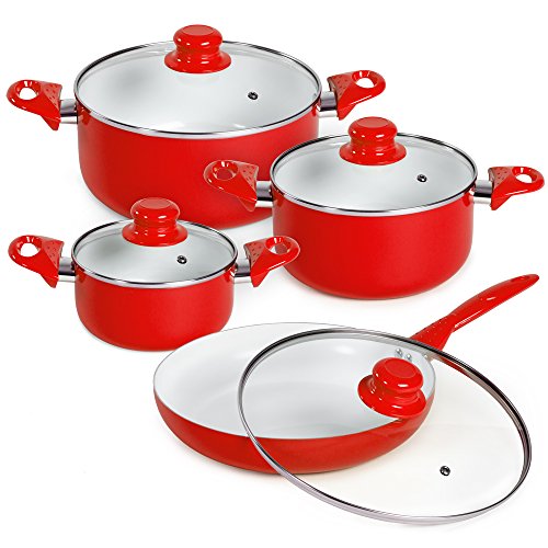 TecTake Set bateria de cocina ollas cerámica 8 piezas con tapas de cristal con sartén - disponible en diferentes colores - (Rojo | No. 401194)