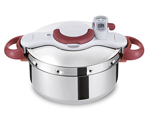 Tefal Clipso Minut Perfect - Olla a Presión de 6 L de Acero Inoxidable Roja con 5 Sistemas de Seguridad y Cierre Fácil Con Una Sola Mano con Cestillo Vapor Integrado,y Diámetro de 22 cm