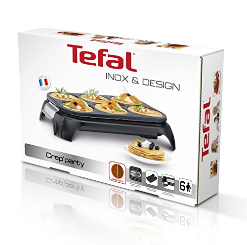 Tefal Crep Party Inox & Design PY558813 - Crepera de Acero Inoxidable y Revestimiento Antiadherente con Capacidad para 6 Tortitas, Crepes o Pancakes