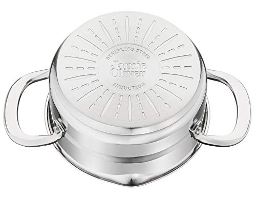 Tefal E494S7 Jamie Oliver - Batería de cocina (7 piezas, incluye 3 tapas de cristal, asas remachadas, compatible con todo tipo de fuegos, acero inoxidable)