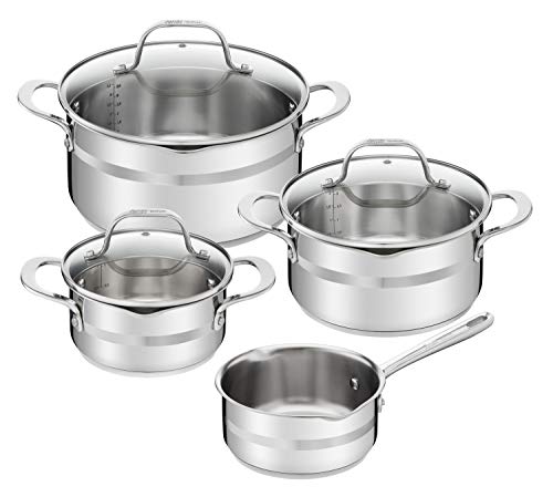 Tefal E494S7 Jamie Oliver - Batería de cocina (7 piezas, incluye 3 tapas de cristal, asas remachadas, compatible con todo tipo de fuegos, acero inoxidable)