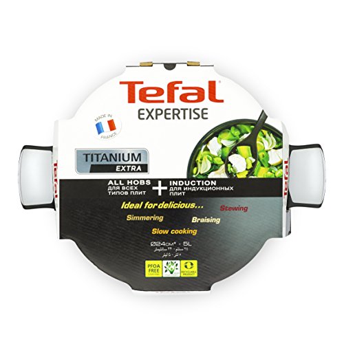 Tefal Expertise - Cacerola 24 cm y 5 L de capacidad, con tapa, antiadherente con extra de titanio, aptas para todo tipo de cocinas incluido inducción