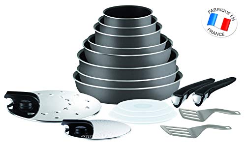 Tefal L2049002 Ingenio 5 Essential Lote de 17 Piezas Gris Antracita Todas las placas excepto inducción: 3 Ollas + 3 Sartenes + 1 Wok + 1 Sartén + 2 Asas + 7 Accesorios