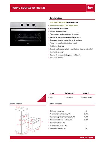 Teka HBC 535 - Horno (Medio, Horno eléctrico, 48 L, 2593 W, 48 L, 1400 W)