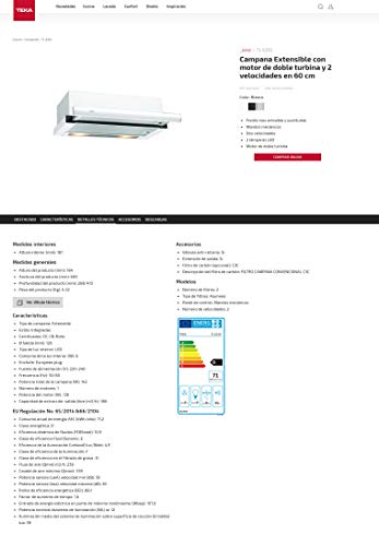 Teka TL 6310 - Campana Telescópica o extraplana, 332m³/h E , 332 m³/h, Canalizado/Recirculación, F, g, D, 56 dB, Color Blanco