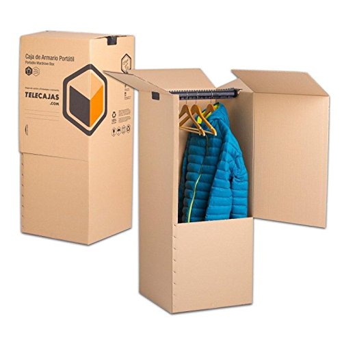 TeleCajas® | (2x) Cajas Armario Mudanza de Cartón | 50x50x100 cms - Doble Pared Reforzada | Incluye BARRA PERCHERO | Pack de 2 unidades