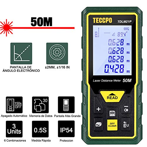 Telémetro Láser 50m, TECCPO Medidor Láser de Distancia con Precisión ± 2mm, Niveles de Burbuja con Función de Silencio, Sensor de Ángulo Electrónico, IP54, TDLM21P