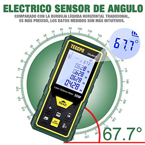 Telémetro Láser 50m, TECCPO Medidor Láser de Distancia con Precisión ± 2mm, Niveles de Burbuja con Función de Silencio, Sensor de Ángulo Electrónico, IP54, TDLM21P