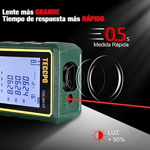 Telémetro Láser 50m, TECCPO Medidor Láser de Distancia con Precisión ± 2mm, Niveles de Burbuja con Función de Silencio, Sensor de Ángulo Electrónico, IP54, TDLM21P