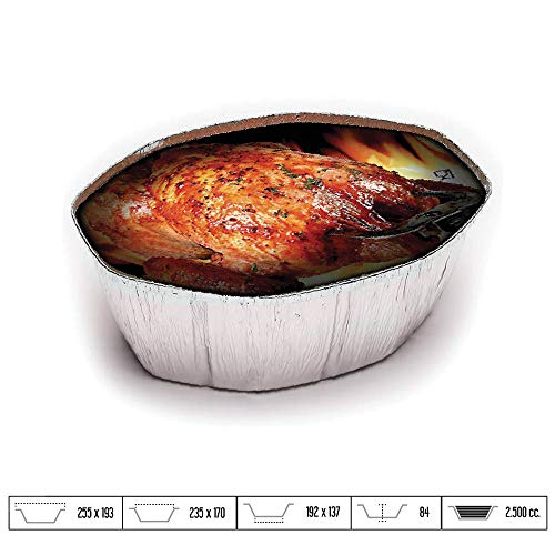 TELEVASO - 100 uds - Envase/recipiente de aluminio oval para pollo asado + tapas - Capacidad 2500 ml y tamaño 192 x 137 x 84 mm - Bandejas desechables y reciclables, apto para altas temperaturas