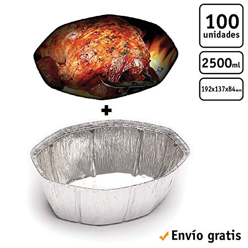 TELEVASO - 100 uds - Envase/recipiente de aluminio oval para pollo asado + tapas - Capacidad 2500 ml y tamaño 192 x 137 x 84 mm - Bandejas desechables y reciclables, apto para altas temperaturas