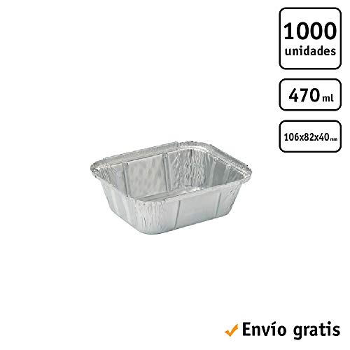 TELEVASO - 1000 uds - Envase/recipiente de aluminio rectangular - Capacidad 470 ml y tamaño 106x82x40 mm - Bandejas desechables y reciclables, apto para altas temperaturas