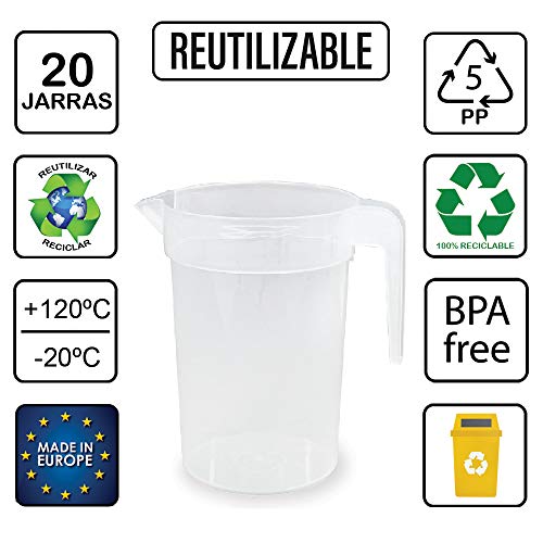 TELEVASO 20 uds - Jarra 1 litro con asa - Plástico (PP) traslúcido - Reciclable y Reutilizable - Ideal para Cerveza, Vino, Fiestas, Eventos, hosteleria