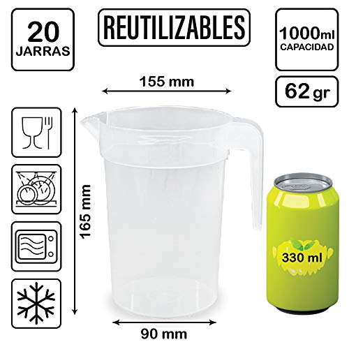 TELEVASO 20 uds - Jarra 1 litro con asa - Plástico (PP) traslúcido - Reciclable y Reutilizable - Ideal para Cerveza, Vino, Fiestas, Eventos, hosteleria
