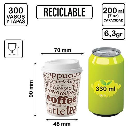 TELEVASO - 300 uds - Vaso de cartón para café Vending + Tapa Traveler + cucharilla - Capacidad de 200 ml (7 oz) - Desechables y reciclables - Ideal para Bebidas Calientes como café, té, Leche