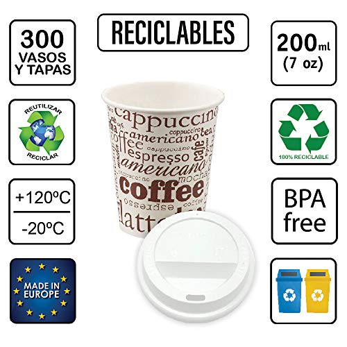 TELEVASO - 300 uds - Vaso de cartón para café Vending + Tapa Traveler + cucharilla - Capacidad de 200 ml (7 oz) - Desechables y reciclables - Ideal para Bebidas Calientes como café, té, Leche