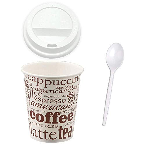 TELEVASO - 300 uds - Vaso de cartón para café Vending + Tapa Traveler + cucharilla - Capacidad de 200 ml (7 oz) - Desechables y reciclables - Ideal para Bebidas Calientes como café, té, Leche