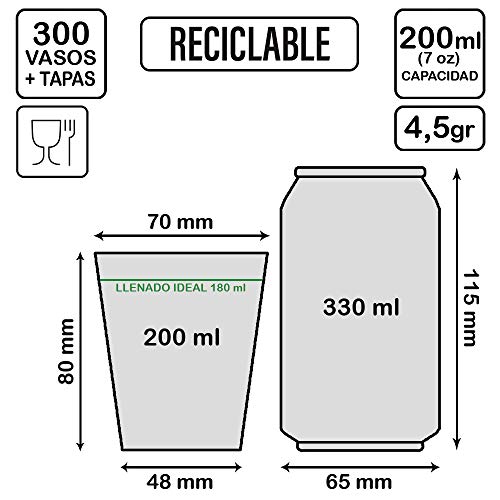 TELEVASO - 300 uds - Vaso de cartón para café Vending + Tapa Traveler + cucharilla - Capacidad de 200 ml (7 oz) - Desechables y reciclables - Ideal para Bebidas Calientes como café, té, Leche