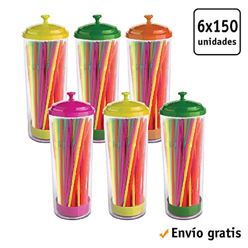 TELEVASO - 6x150 uds - Cañitas de plástico Color neón con dispensador (900 cañas en Total) - 21 cm de Largo - Desechables y reciclables - Pajitas Ideales para refrescos, zumos, Bebidas