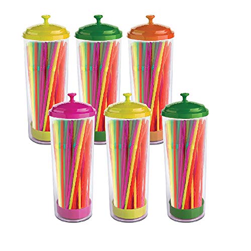 TELEVASO - 6x150 uds - Cañitas de plástico Color neón con dispensador (900 cañas en Total) - 21 cm de Largo - Desechables y reciclables - Pajitas Ideales para refrescos, zumos, Bebidas