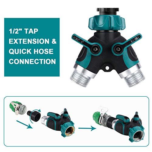 Tencoz Distribuidor de Jardín de 2 Vías, Divisor de Manguera de Jardín, Válvula de Doble Salida para Grifo 3/4" y 1/2" Manguera de Jardín, Agua Distribuidor con 4 Junta de Goma