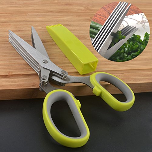 Tenta Kitchen Tijeras para hierbas con pelador multiusos (juliana, frutas, verduras), 5 cuchillas de acero inoxidable, funda y cepillo de limpieza