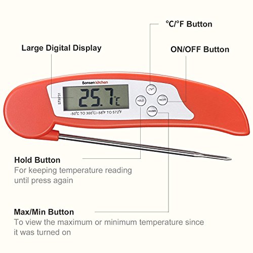 Termómetro de Cocina Digital Bonsenkitchen, Termómetro de Carne de lectura instantánea para asados, barbacoas y bebidas líquidas con calefacción, gran pantalla LCD digital, Rojo (ST8731)