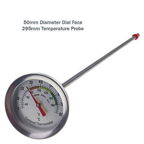 Termómetro de composta – Termómetro de acero inoxidable para el hogar y el patio trasero – 60 mm de diámetro de la esfera C y F, sonda de temperatura de 295 mm