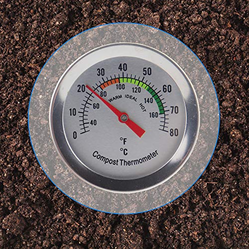 Termómetro de composta – Termómetro de acero inoxidable para el hogar y el patio trasero – 60 mm de diámetro de la esfera C y F, sonda de temperatura de 295 mm