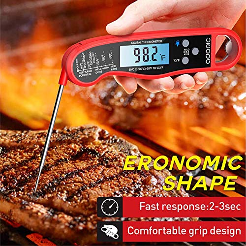 Termómetro digital de carne Lectura instantánea, Termómetro Adoric impermeable para alimentos con retroiluminación LCD, sonda de termómetro de cocina para asar horno ahumador BBQ (rojo)