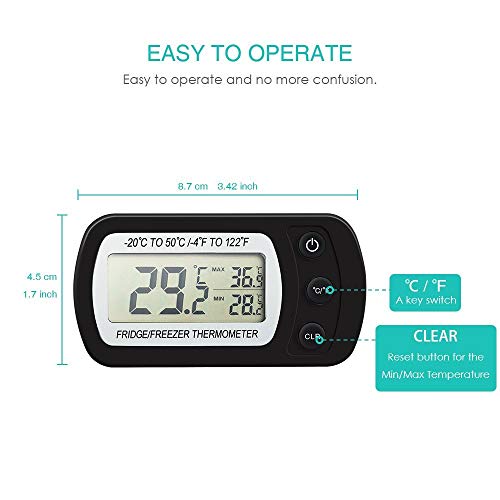 Termómetro digital para refrigerador, Termómetro para congelador a prueba de agua con gancho, Pantalla LCD fácil de leer, Función de registro máximo/mínimo, Ideal para el hogar, restaurantes, cafés