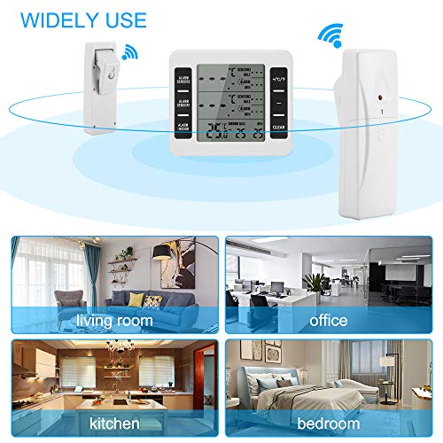 Termómetro Inalámbrico para Frigorífico LCD Digital Monitor de Temperatura Exterior para Interiores Reloj con Sensor Dual Inalámbrico Función de Recordatorio de Alarma Mín/Máx Registro