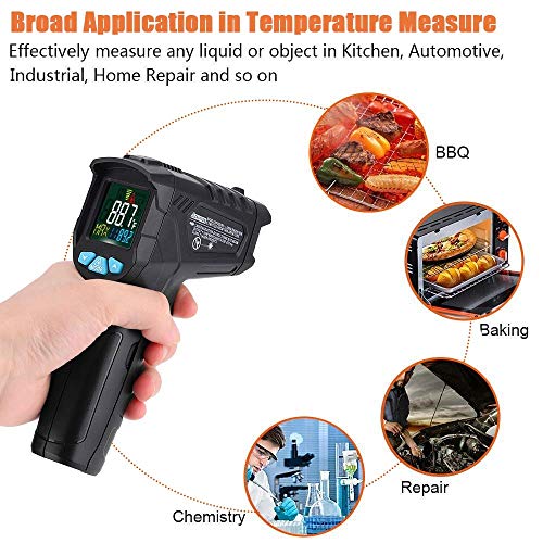 Termómetro Infrarrojo Sin Contacto Láser Digital Pistola de Temperatura Comida Cocina Industrial Automotriz BBQ -58 ℉ -1022 ℉ Con Linterna HD Pantalla LCD de Luz de Fondo Con Retroiluminación (Negro)