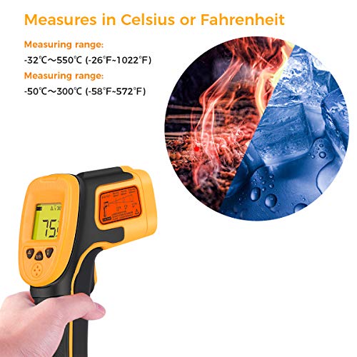 Termómetro Infrarrojo, Termómetro Láser Digital Pistola de Temperatura -26 ° F ~ 1022 ° F (-32 ° C ~ 550 ° C) Sonda de Temperatura para Cocinar / Aire / Refrigerador - Termómetro Carne Incluido