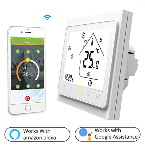 Termostato Inteligente para caldera de gas/agua,Termostato Calefaccion Wifi Pantalla LCD (pantalla TN) Botón táctil retroiluminado programable con Alexa Google Home and Phone APP-Blanco