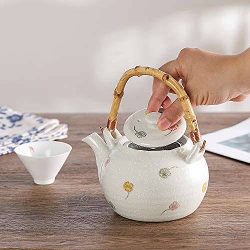 Tetera Ceramica con infusor de Acero Inoxidable extraíble,750 ML Tetera Japonesa Clásico de Porcelana Blanco con mango de bambú natural,Teteras para Te estilo tradicional para el té de hojas sueltas