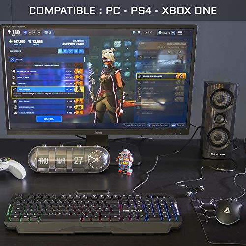 THE G-LAB Combo HELIUM 4 en 1 Gaming Bundle - Teclado Gaming QWERTY – Incluye Ñ - Retroiluminado, Ratón Gaming de 2400 DPI, Auriculares in-ear, Alfombrilla de Ratón Antideslizante – PC PS4 Xbox One