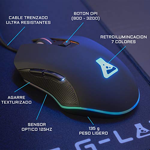 THE G-LAB Combo HELIUM 4 en 1 Gaming Bundle - Teclado Gaming QWERTY – Incluye Ñ - Retroiluminado, Ratón Gaming de 2400 DPI, Auriculares in-ear, Alfombrilla de Ratón Antideslizante – PC PS4 Xbox One