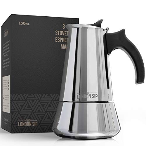 The London Sip Cafetera clásica Italiana de Inducción en Acero Inoxidable - Prepara café de Calidad al Estilo Italiano en tu casa con Esta Cafetera Moka Pot en Cromo Moderno (Plateada, 3 Tazas)