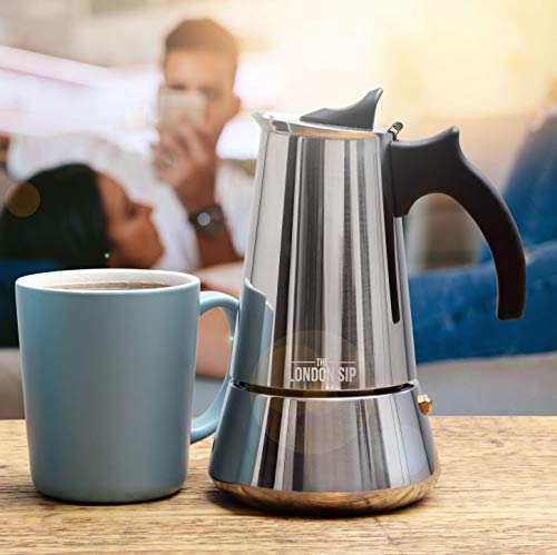 The London Sip Cafetera clásica Italiana de Inducción en Acero Inoxidable - Prepara café de Calidad al Estilo Italiano en tu casa con Esta Cafetera Moka Pot en Cromo Moderno (Plateada, 3 Tazas)