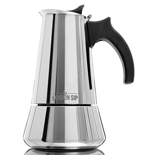 The London Sip Cafetera clásica Italiana de Inducción en Acero Inoxidable - Prepara café de Calidad al Estilo Italiano en tu casa con Esta Cafetera Moka Pot en Cromo Moderno (Plateada, 10 Tazas)