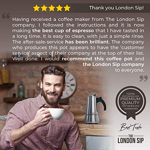 The London Sip Cafetera clásica Italiana de Inducción en Acero Inoxidable - Prepara café de Calidad al Estilo Italiano en tu casa con Esta Cafetera Moka Pot en Cromo Moderno (Plateada, 10 Tazas)