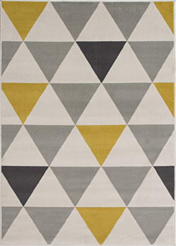 The Rug House Milan Ocre Amarillo Mostaza Gris Beige con triángulos arlequín Tradicional Alfombra de salón 160cm x 230cm