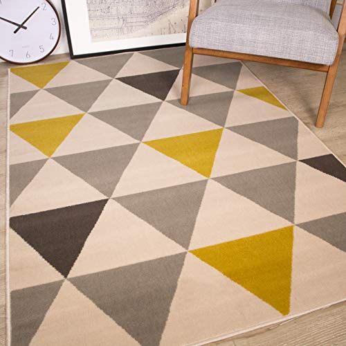 The Rug House Milan Ocre Amarillo Mostaza Gris Beige con triángulos arlequín Tradicional Alfombra de salón 160cm x 230cm