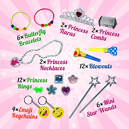 THE TWIDDLERS 96pcs Princesa Surtido Juguetes Granel para Rellenar Piñatas Bolsa Tesoros De Premios Aula Juguete Kit Cumpleaños Fiesta Regalos Accesorios Tiaras Collares Estrellas Aros para Niñas